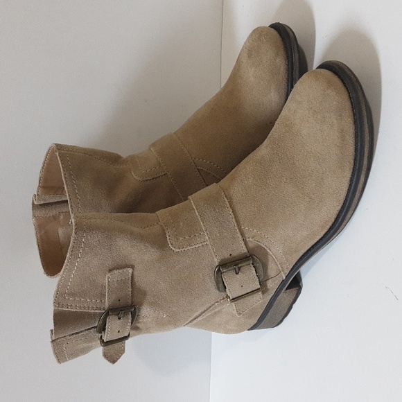 Bass Portland Biker ankle booties women 7M suede upper pull on beige Y2k - Picture 1 of 13